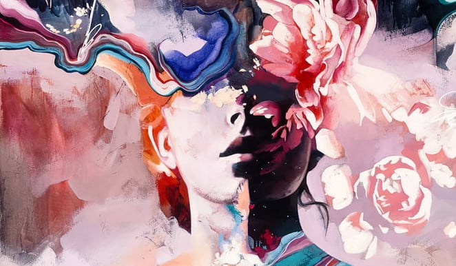 half painting of abstract portrait  pink blue and white 